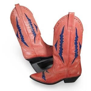 Circle S VTG Cowboy Boots Women's 10M Pink Blue Snakeskin Inlay Leather Brazil